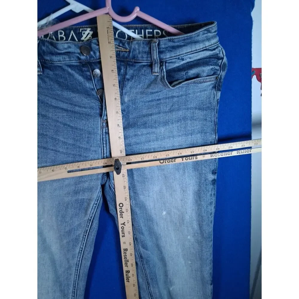 Shabaz Brothers Mens Skinny Jeans 34 Distressed Ripped Paint Splatter Blue Denim
